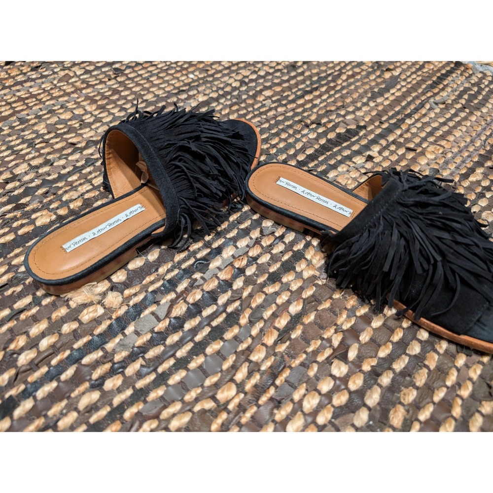 & Other Stories Black Suede Fringe Slide Sandal Flat Mules Boho Open Toe size 38 - Picture 3 of 5